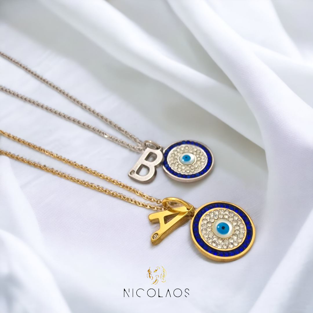 Κολιέ "Alphabet" από ανοξείδωτο ατσάλι με μονόγραμμα και ματάκι