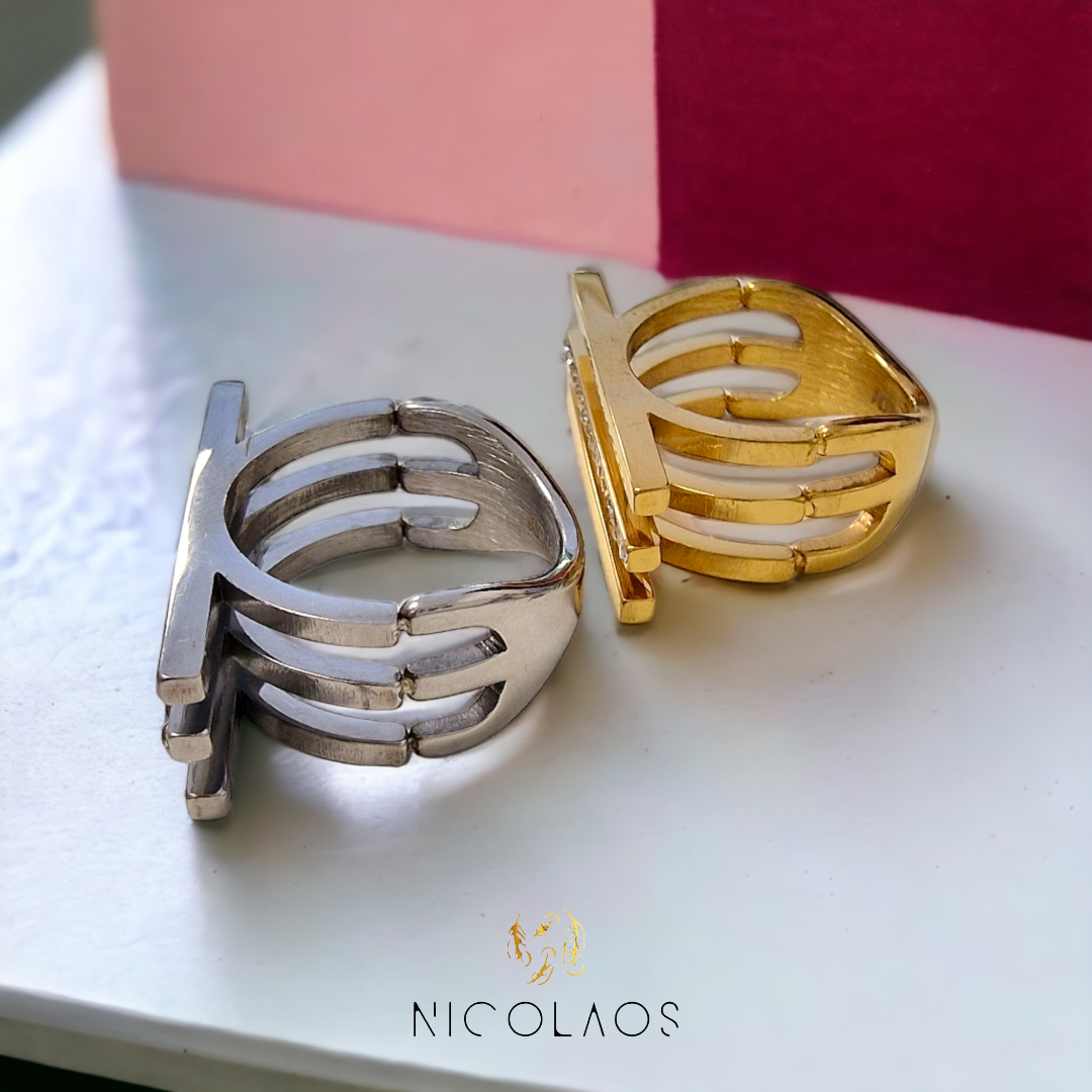 Δαχτυλίδι "linee luminose" από ανοξείδωτο ατσάλι με λευκά ζιργκόν