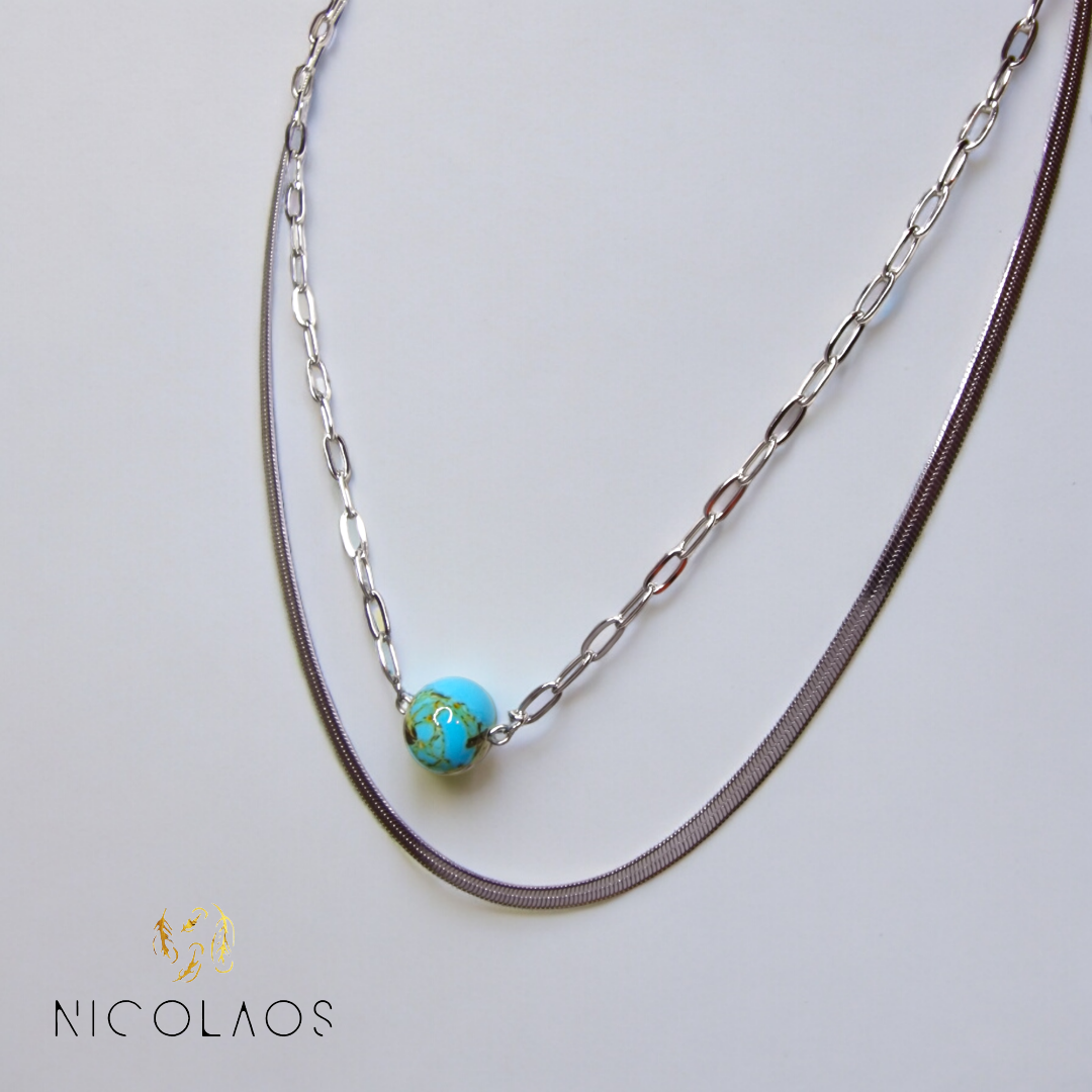 Διπλό κολιέ 'Aqua ball' από ανοξείδωτο ατσάλι με χάντρα αυθεντικού Τυρκουάζ