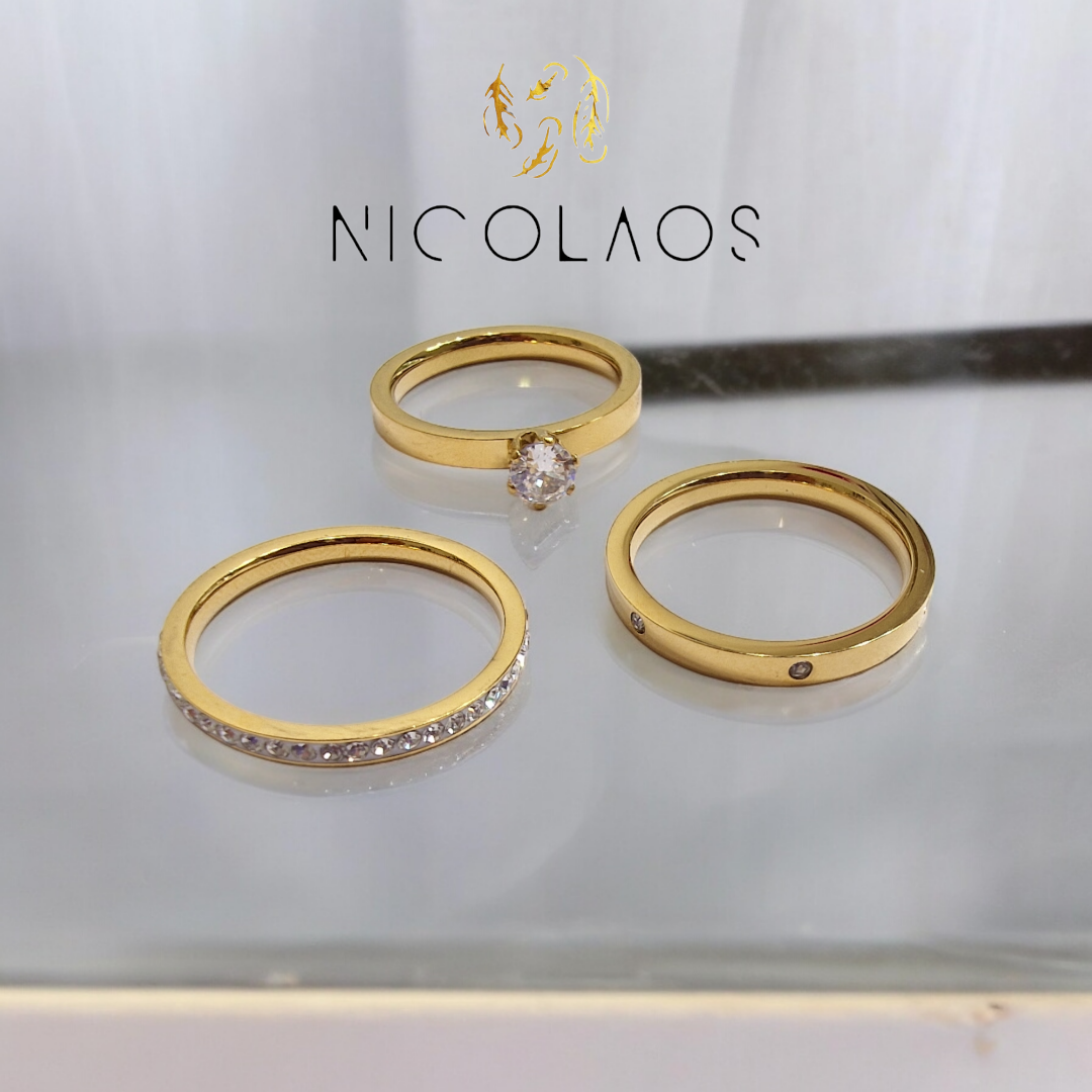 Σετ 3 δαχτυλίδια 'Verona' από ανοξείδωτο ατσάλι με λευκά ζιργκόν