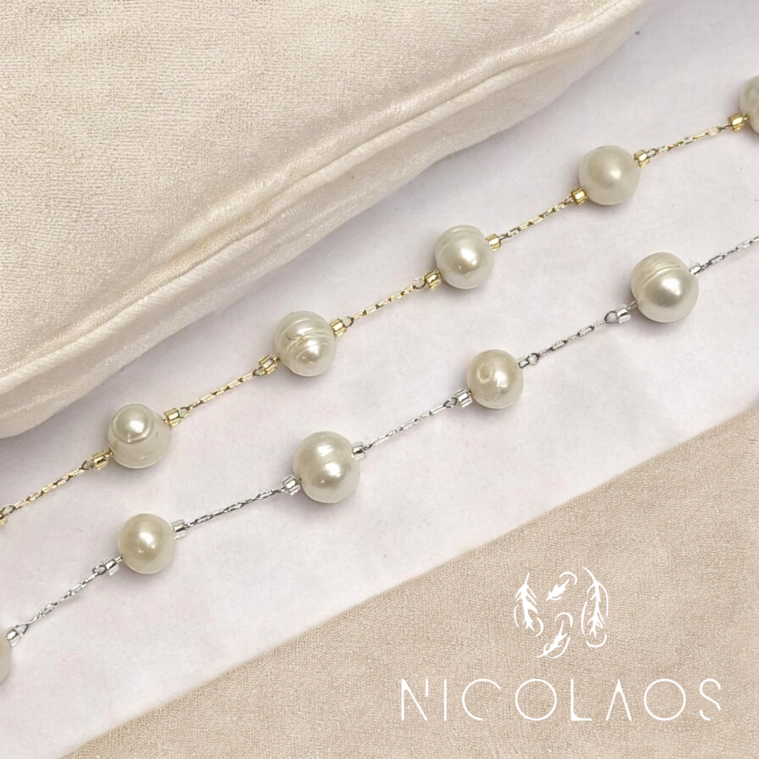 Χειροποίητο κολιέ 'Sicily' από ανοξείδωτο ατσάλι με λευκά πραγματικά ακατέργαστα μαργαριτάρια ποικιλίας Baroque
