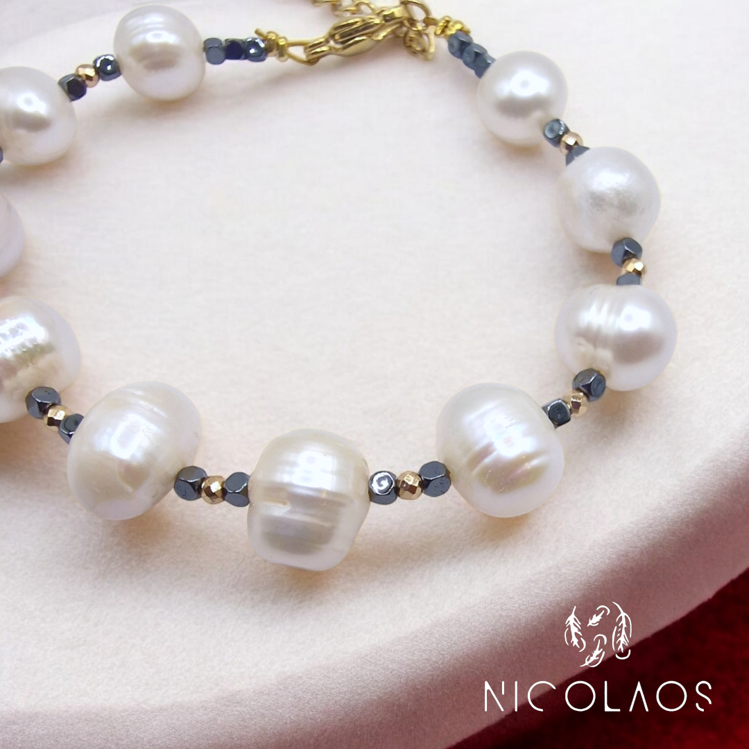 Χειροποίητο βραχιόλι 'Pearl Dream' με μεγάλα λευκά μαργαριτάρια ποικιλίας Baroque