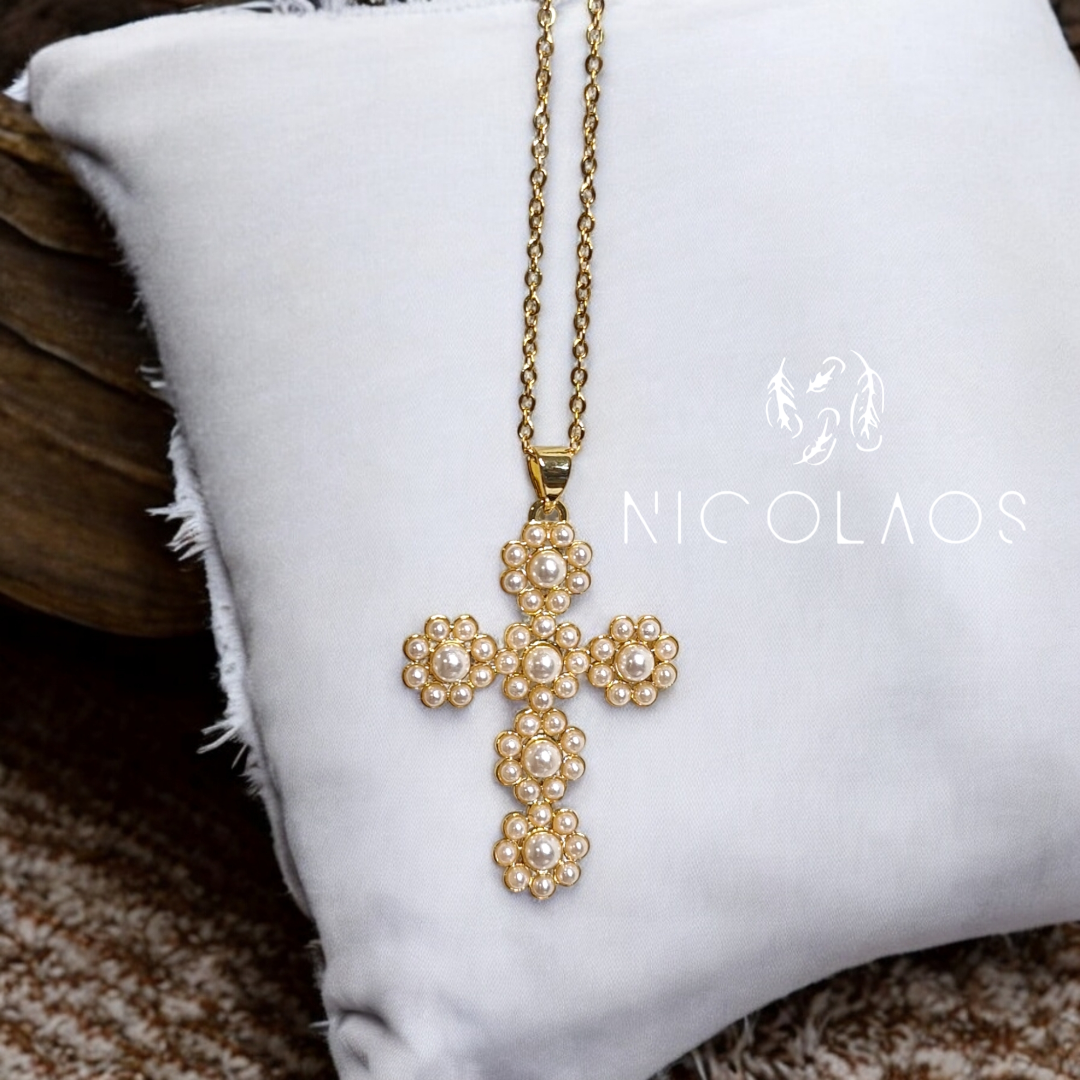 Κολιέ με σταυρό 'Fedino' από ανοξείδωτο ατσάλι με πέρλες micro pearl