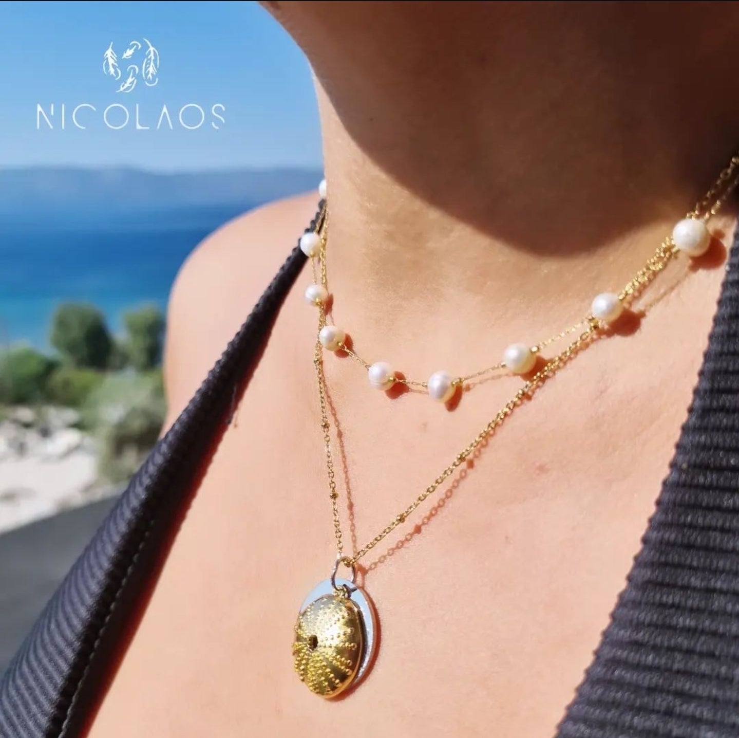 Χειροποίητο κολιέ 'Sicily' από ανοξείδωτο ατσάλι με λευκά πραγματικά ακατέργαστα μαργαριτάρια ποικιλίας Baroque