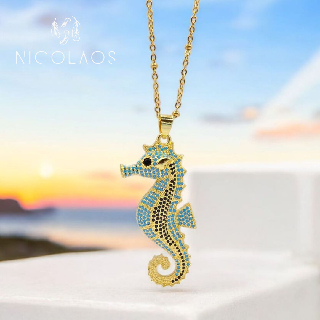 Μακρύ κολιέ 'Hydrippos' απο ανοξείδωτο ατσάλι με πέτρες micro turquoise και μαύρα ζιργκόν