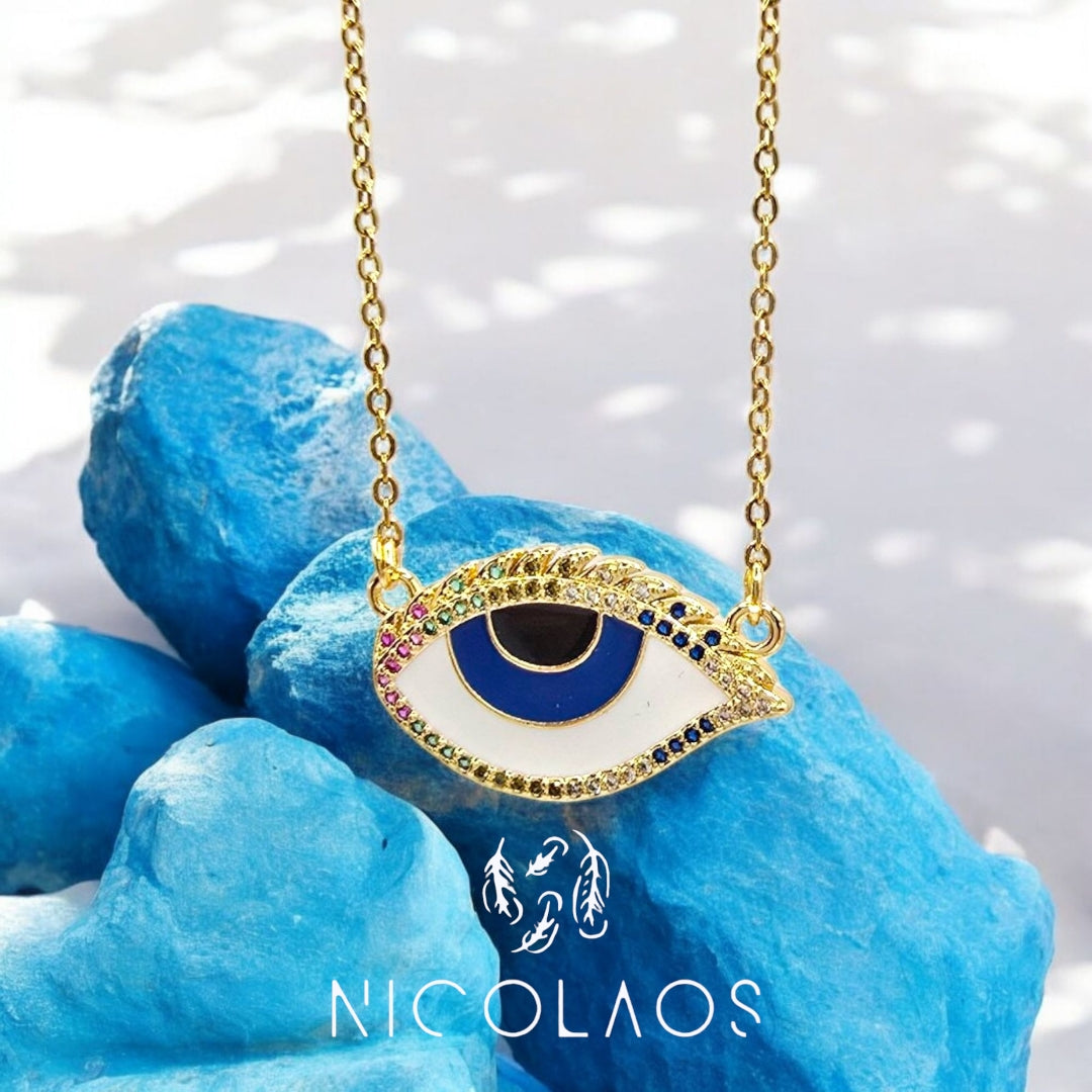 Κολιέ 'Lazysee' από ανοξείδωτο ατσάλι με πολύχρωμα ζιργκόν και βαφή σμάλτου