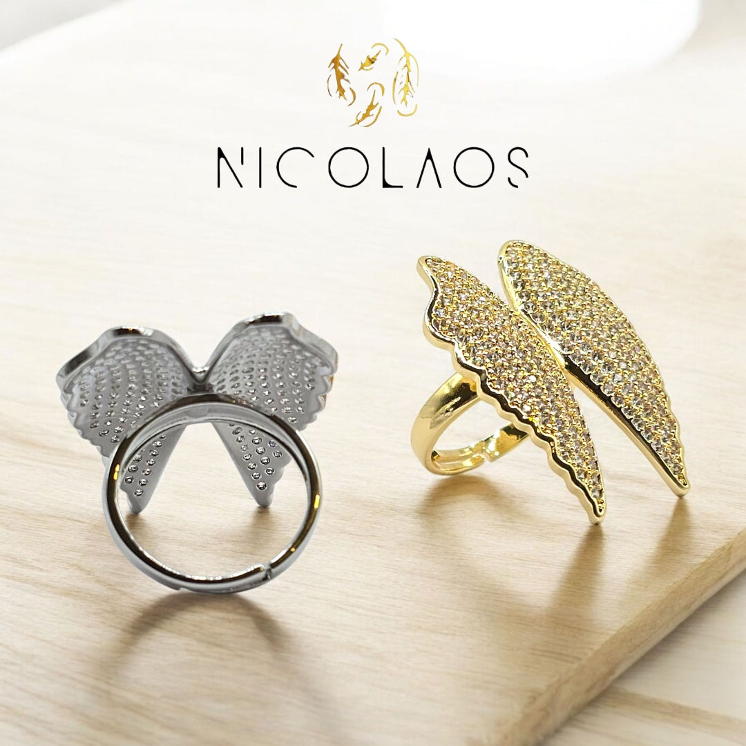 Μεγάλο Δαχτυλίδι 'Angel flying' από ανοξείδωτο ατσάλι με λευκά ζιργκόν
