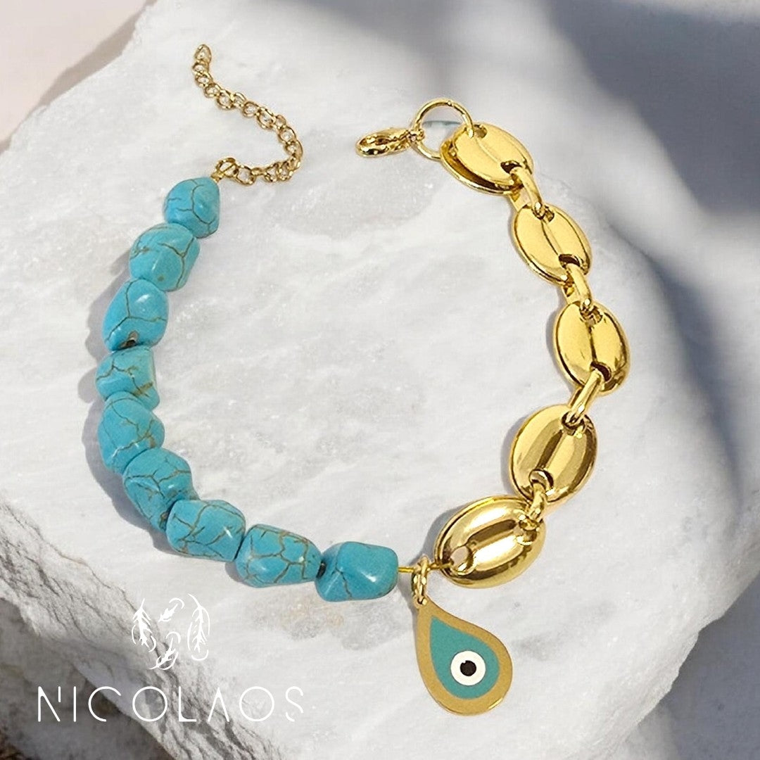 Χειροποίητο βραχιόλι 'Aqua mezzo' από ανοξείδωτο ατσάλι με αυθεντικούς λίθους τυρκουάζ