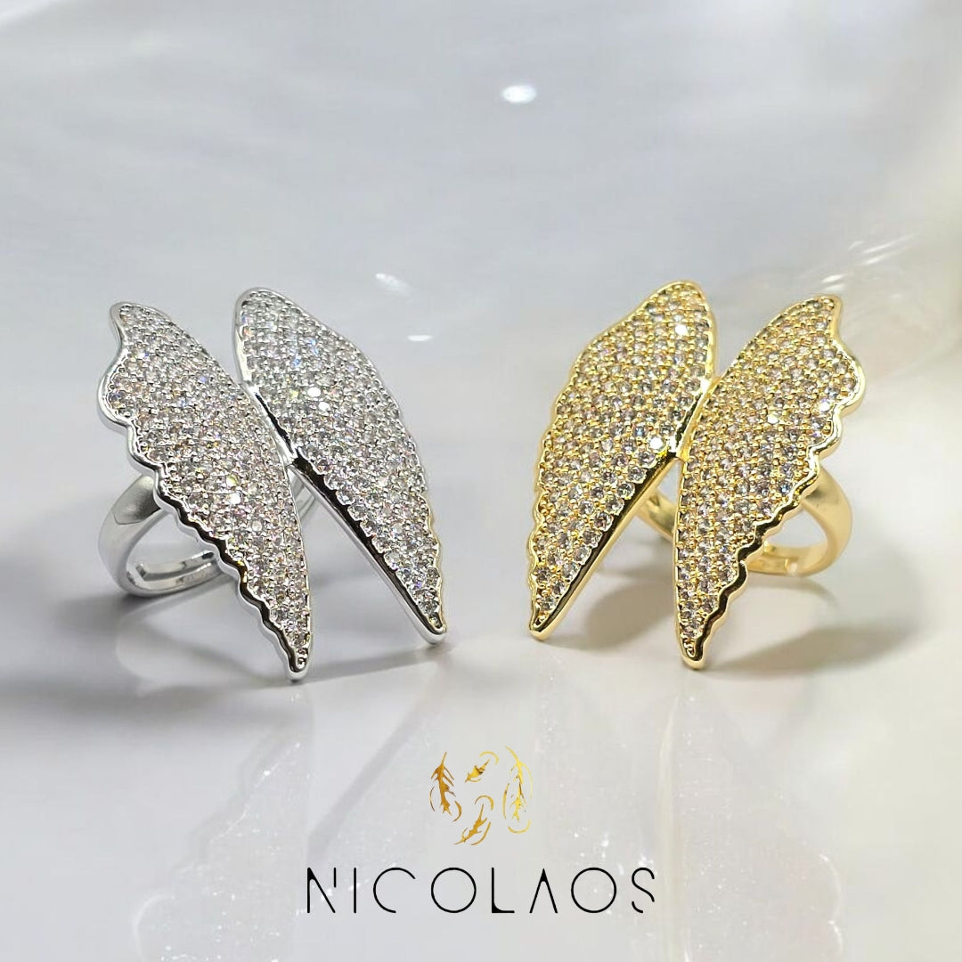 Μεγάλο Δαχτυλίδι 'Angel flying' από ανοξείδωτο ατσάλι με λευκά ζιργκόν