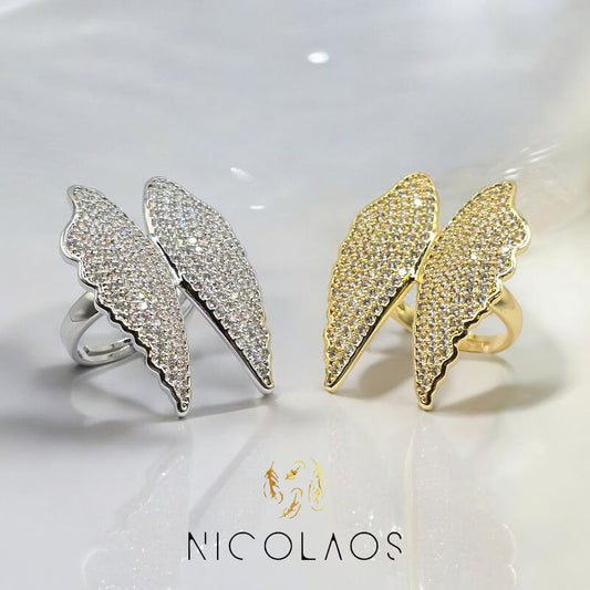 Μεγάλο Δαχτυλίδι 'Angel flying' από ανοξείδωτο ατσάλι με λευκά ζιργκόν