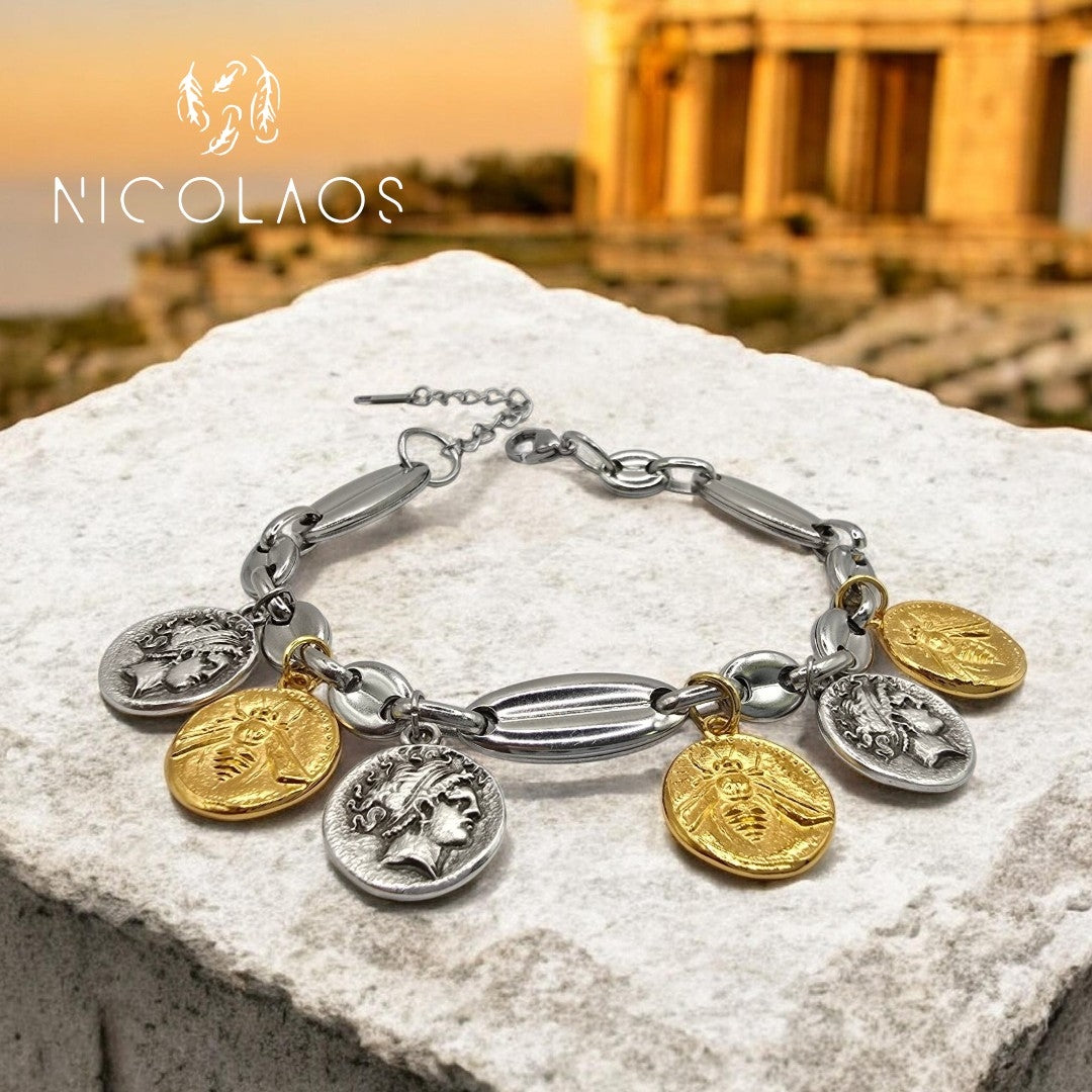 Χειροποίητο βραχιόλι 'Calonia' από ανοξείδωτο ατσάλι με αρχαϊκά νομίσματα