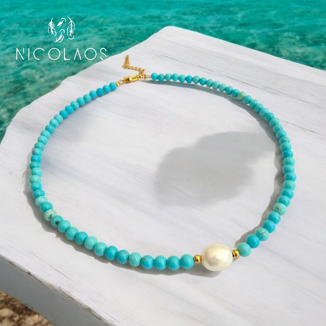 Χειροποίητο κολιέ 'Aqua bubbles' με λευκό μαργαριτάρι ποικιλίας Baroque και τυρκουάζ χάντρες φίλντισι