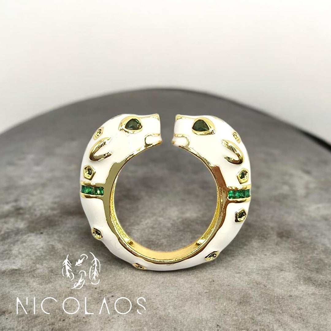 LIMITED δαχτυλίδι 'Giaguaro bianco' με πράσινα ζιργκόν και λευκό σμάλτο