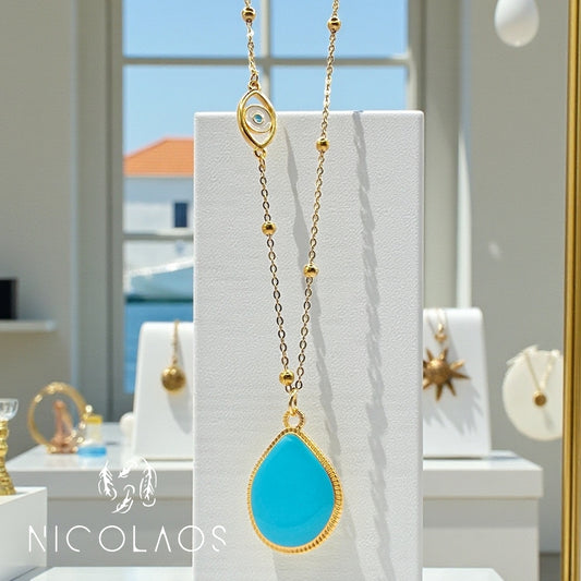 Μακρύ κολιέ 'Aqua tear' απο ανοξείδωτο ατσάλι με βαφή σμάλτου