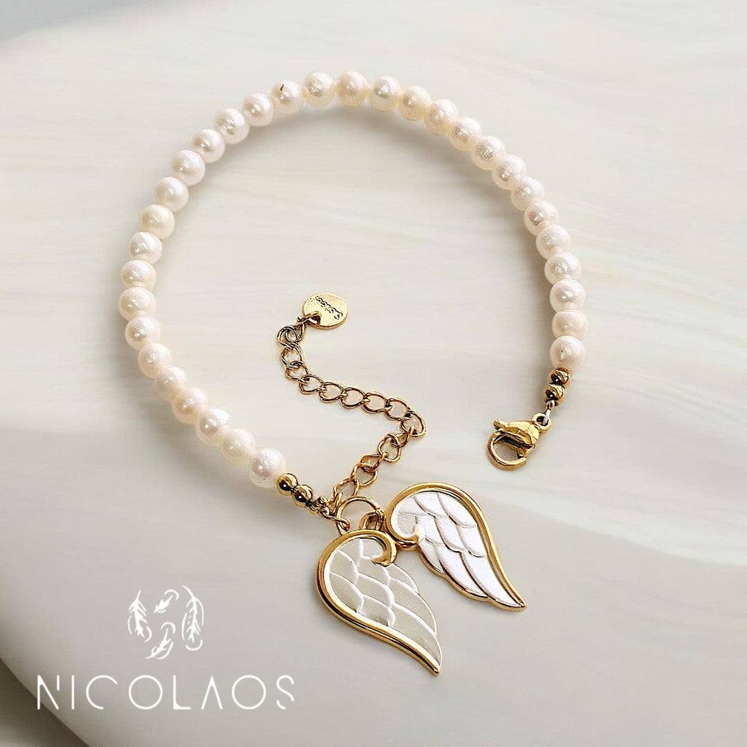 Χειροποίητο βραχιόλι ' White  Queen's Angel ' με πραγματικά λευκά μαργαριτάρια Baroque