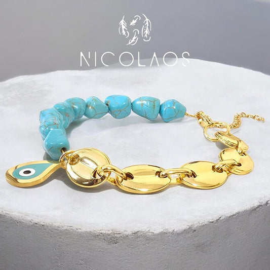 Χειροποίητο βραχιόλι 'Aqua mezzo' από ανοξείδωτο ατσάλι με αυθεντικούς λίθους τυρκουάζ