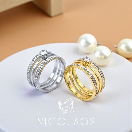 Δαχτυλίδι 'Crown' τρίσειρο από ανοξείδωτο ατσάλι με λευκά ζιργκόν