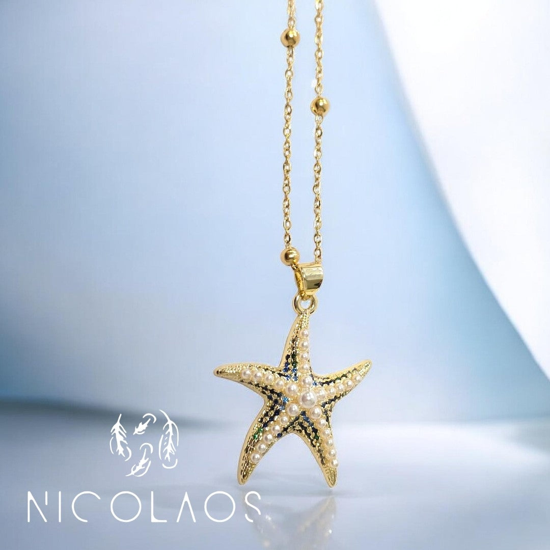 Κολιέ 'Aqua star mini' απο ανοξείδωτο ατσάλι με γαλάζια,  μπλέ, πράσινα ζιργκόν και λευκές πέρλες