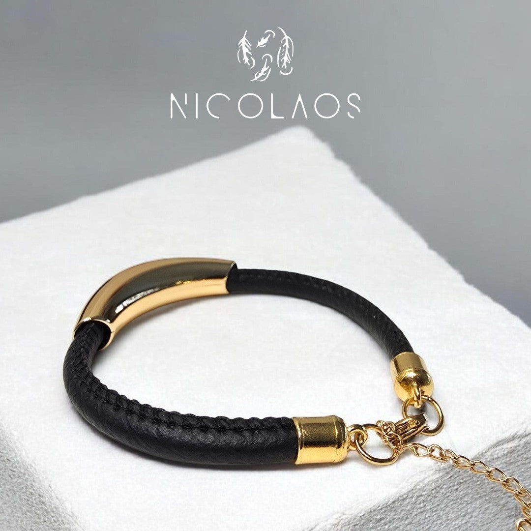 Χειροποίητο βραχιόλι 'Oslo Gold' από ανοξείδωτο ατσάλι με δερμάτινο μαύρο χοντρό κορδόνι