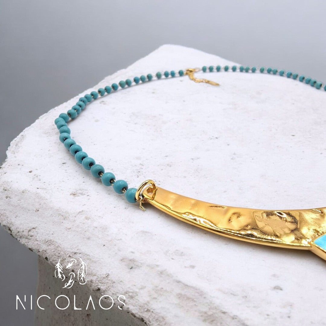 LIMITED χειροποίητο κολιέ 'Alcionis gold' με λίθους τυρκουαζ Χαολίτη
