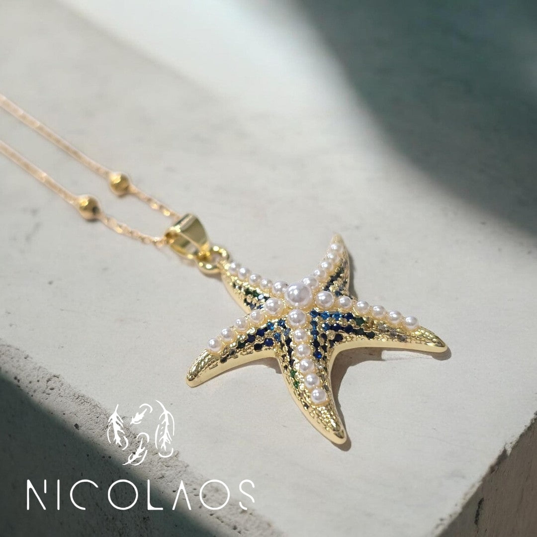 Κολιέ 'Aqua star mini' απο ανοξείδωτο ατσάλι με γαλάζια,  μπλέ, πράσινα ζιργκόν και λευκές πέρλες