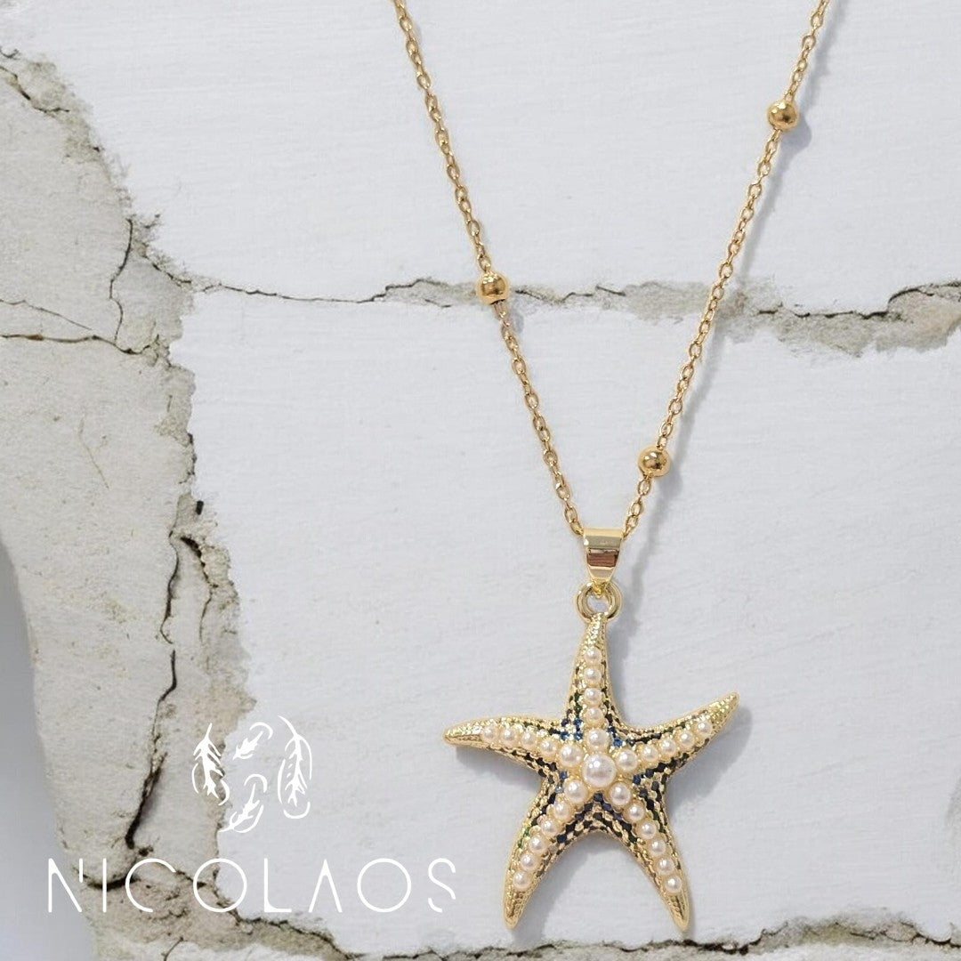 Κολιέ 'Aqua star mini' απο ανοξείδωτο ατσάλι με γαλάζια,  μπλέ, πράσινα ζιργκόν και λευκές πέρλες