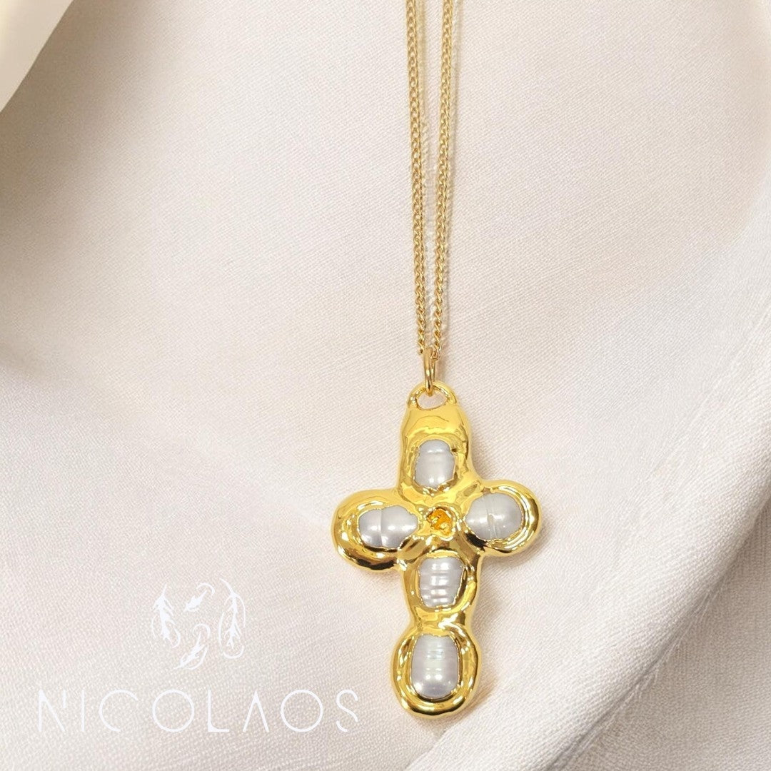 LIMITED Σταυρός 'Fede pearl' με Μαργαριτάρια & Επίχρυσο Φινίρισμα