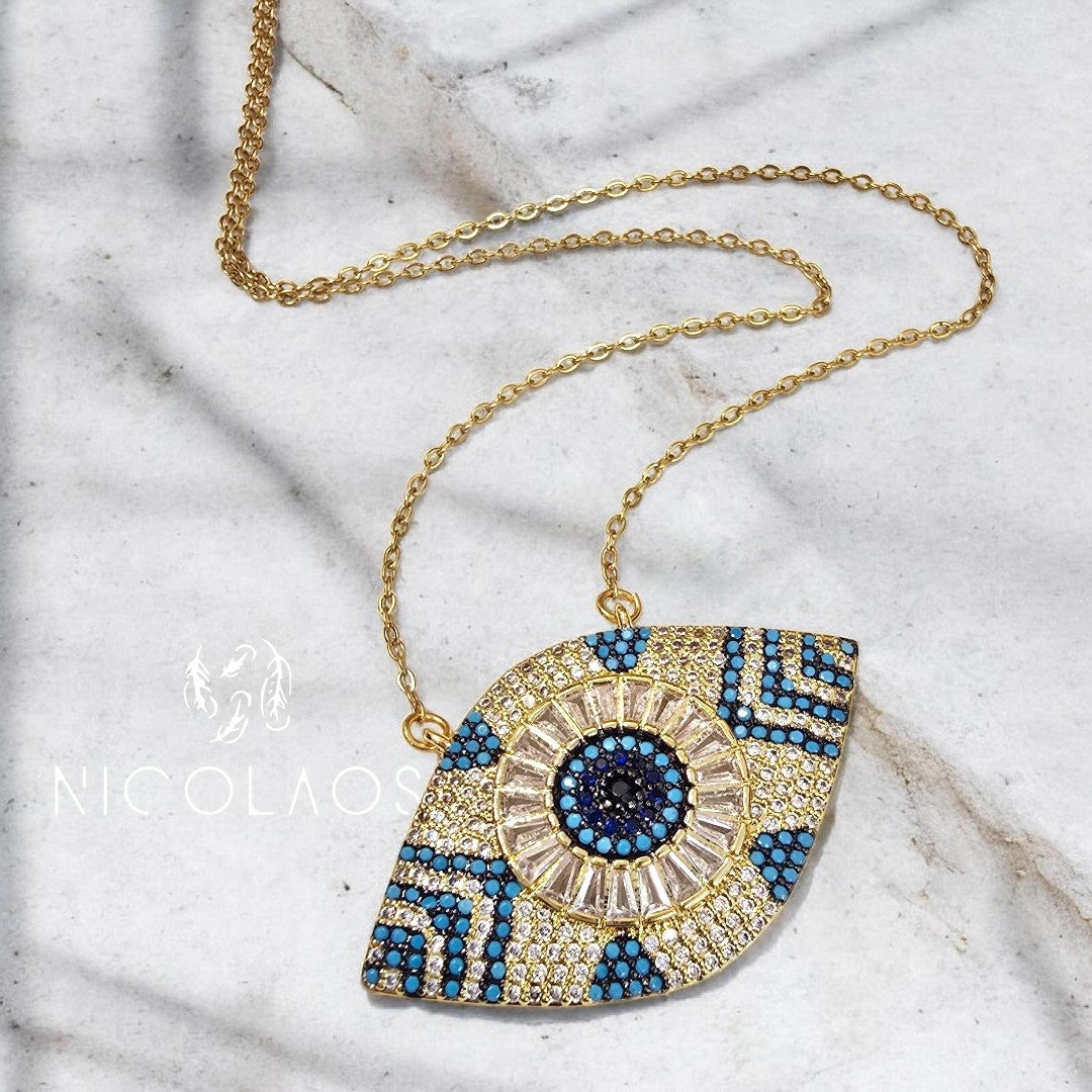 Κολιέ 'Gran Eye summer' από ανοξείδωτο ατσάλι με λευκά και micro turquoise ζιργκόν