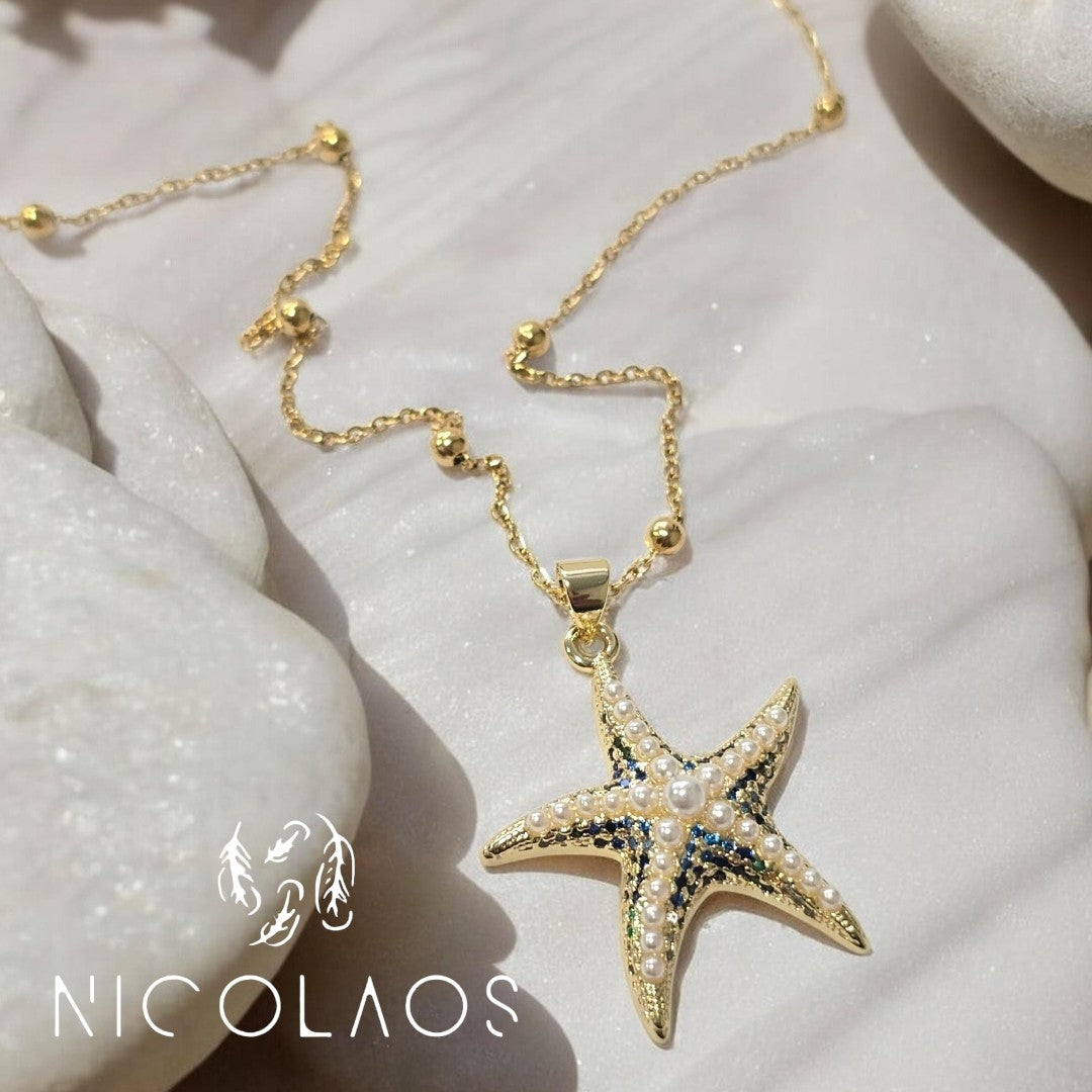 Κολιέ 'Aqua star mini' απο ανοξείδωτο ατσάλι με γαλάζια,  μπλέ, πράσινα ζιργκόν και λευκές πέρλες
