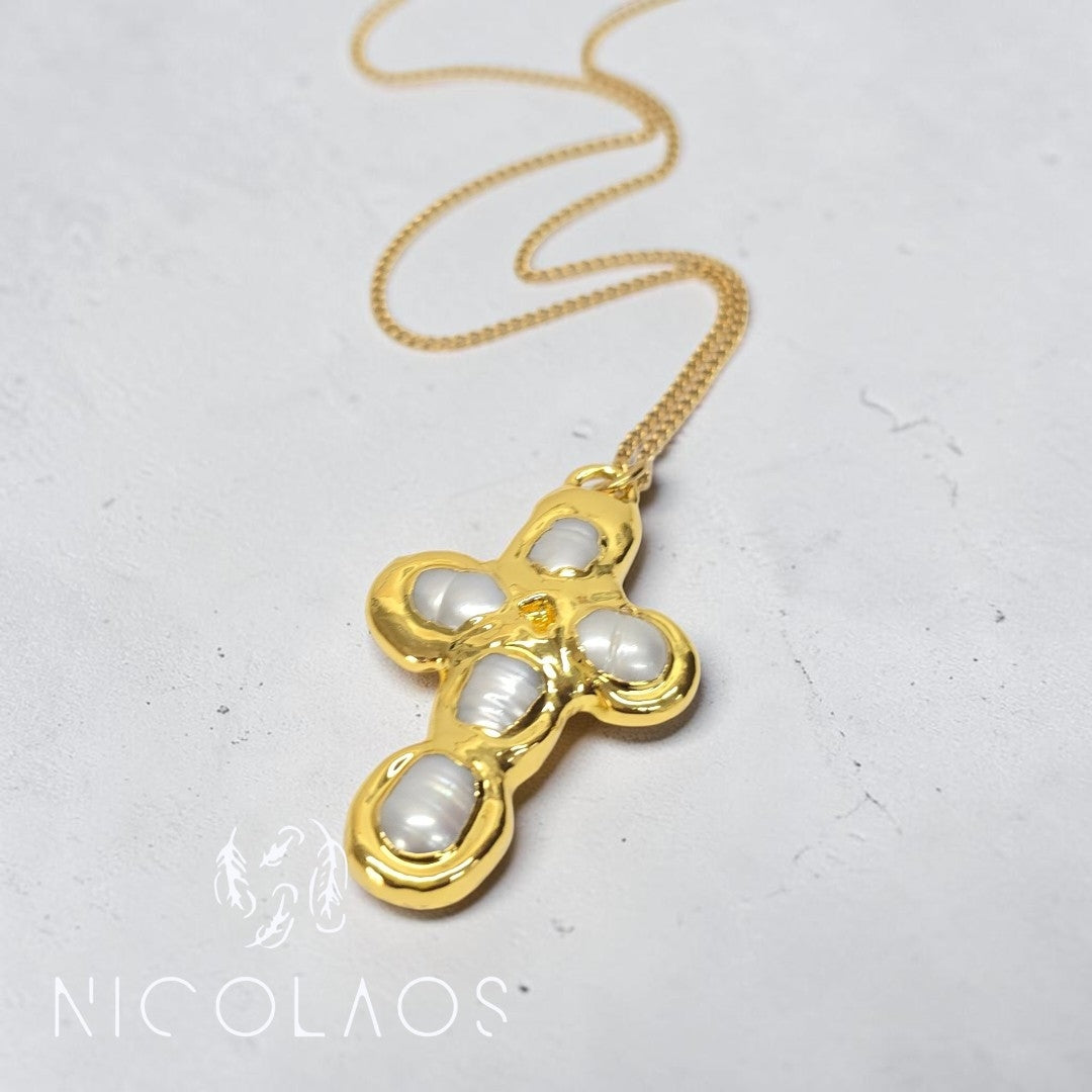 LIMITED Σταυρός 'Fede pearl' με Μαργαριτάρια & Επίχρυσο Φινίρισμα