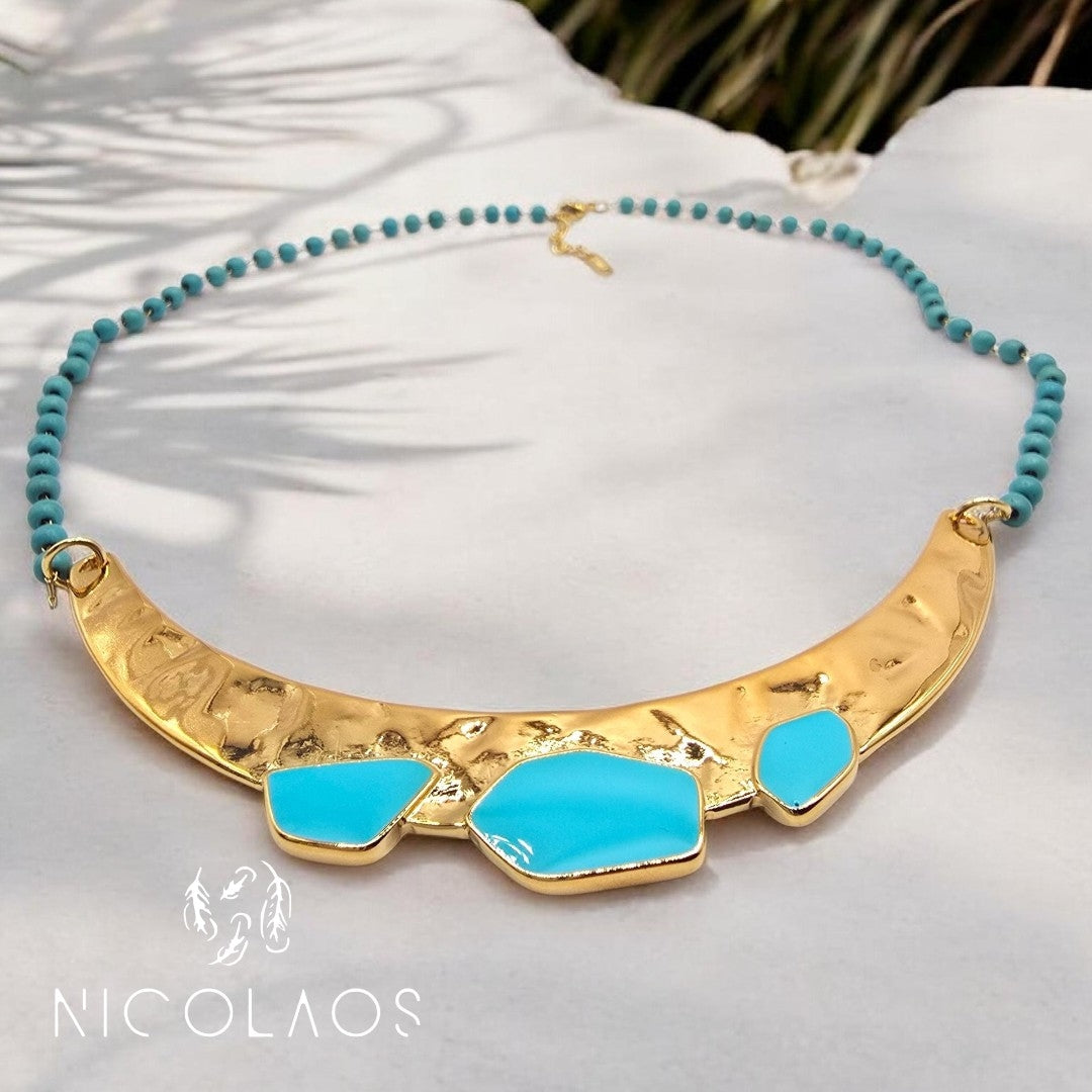 LIMITED χειροποίητο κολιέ 'Alcionis gold' με λίθους τυρκουαζ Χαολίτη