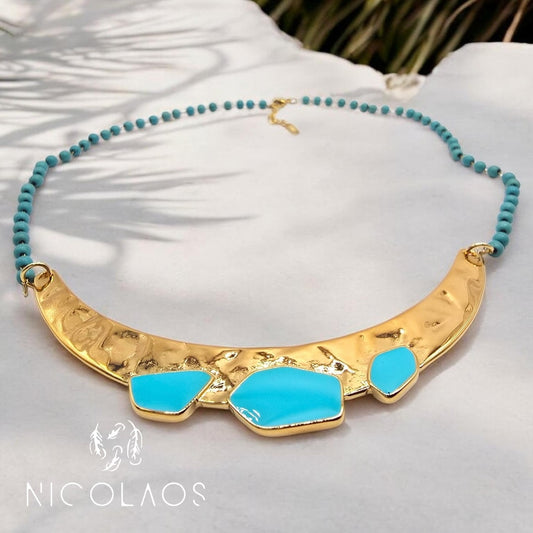 LIMITED χειροποίητο κολιέ 'Alcionis gold' με λίθους τυρκουαζ Χαολίτη