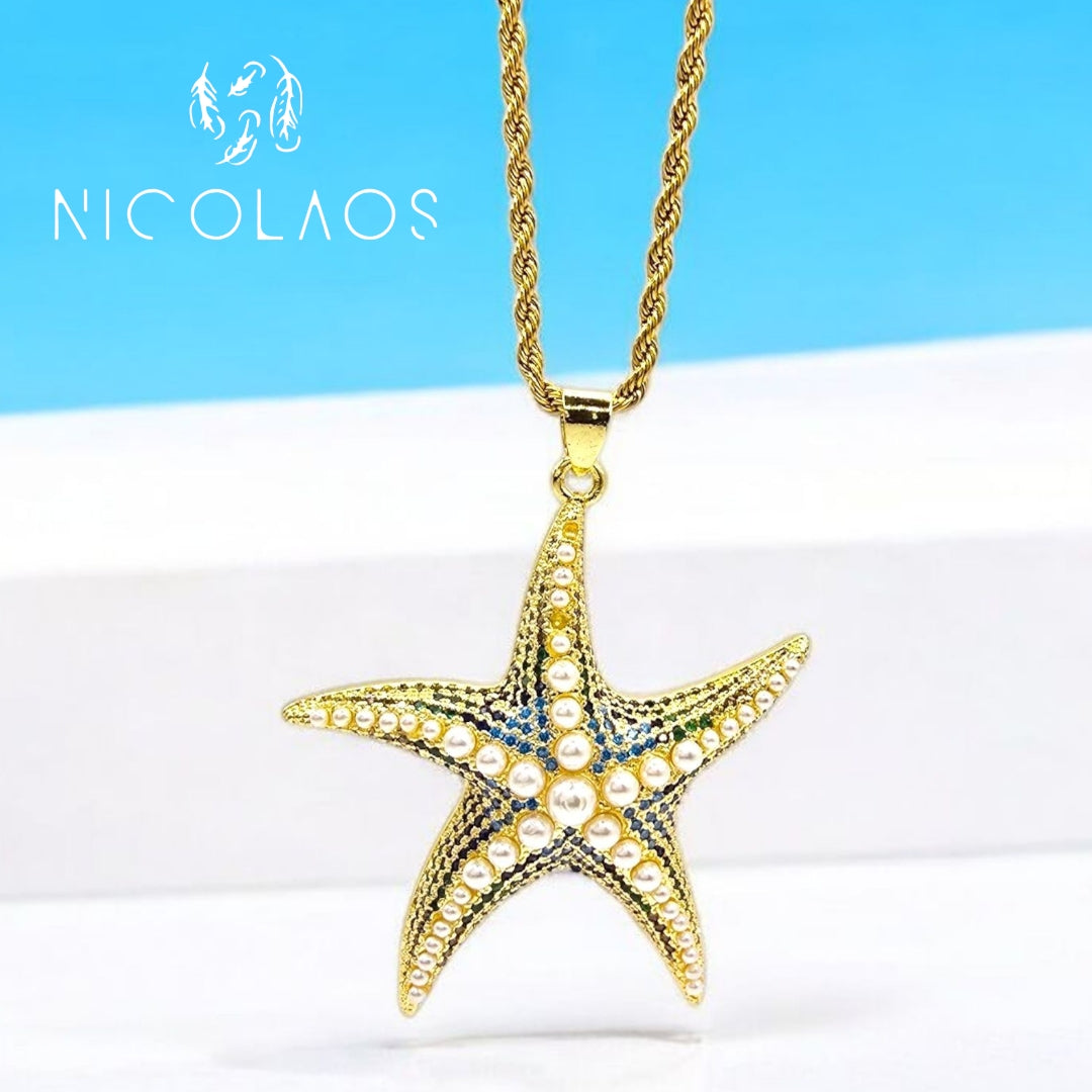 LIMITED κολιέ 'Aqua star' απο ανοξείδωτο ατσάλι με γαλάζια, μπλέ, πράσινα ζιργκόν και λευκές πέρλες
