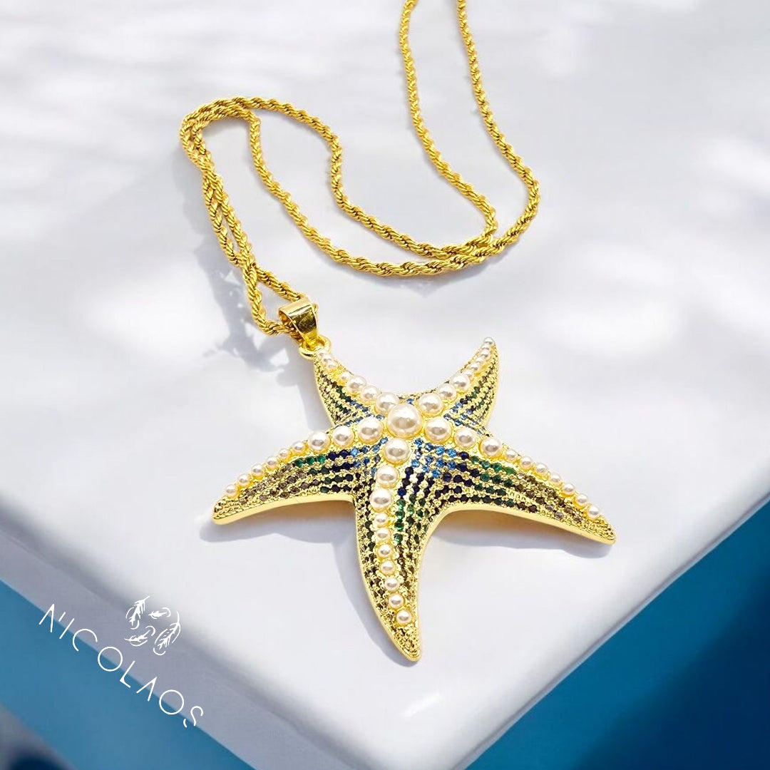 LIMITED κολιέ 'Aqua star' απο ανοξείδωτο ατσάλι με γαλάζια, μπλέ, πράσινα ζιργκόν και λευκές πέρλες