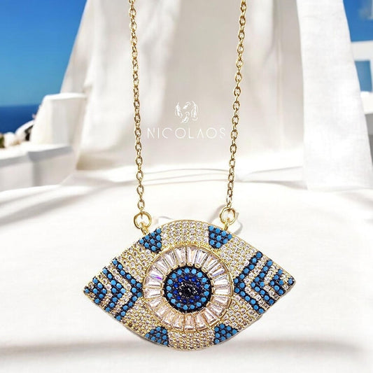 Κολιέ 'Gran Eye summer' από ανοξείδωτο ατσάλι με λευκά και micro turquoise ζιργκόν