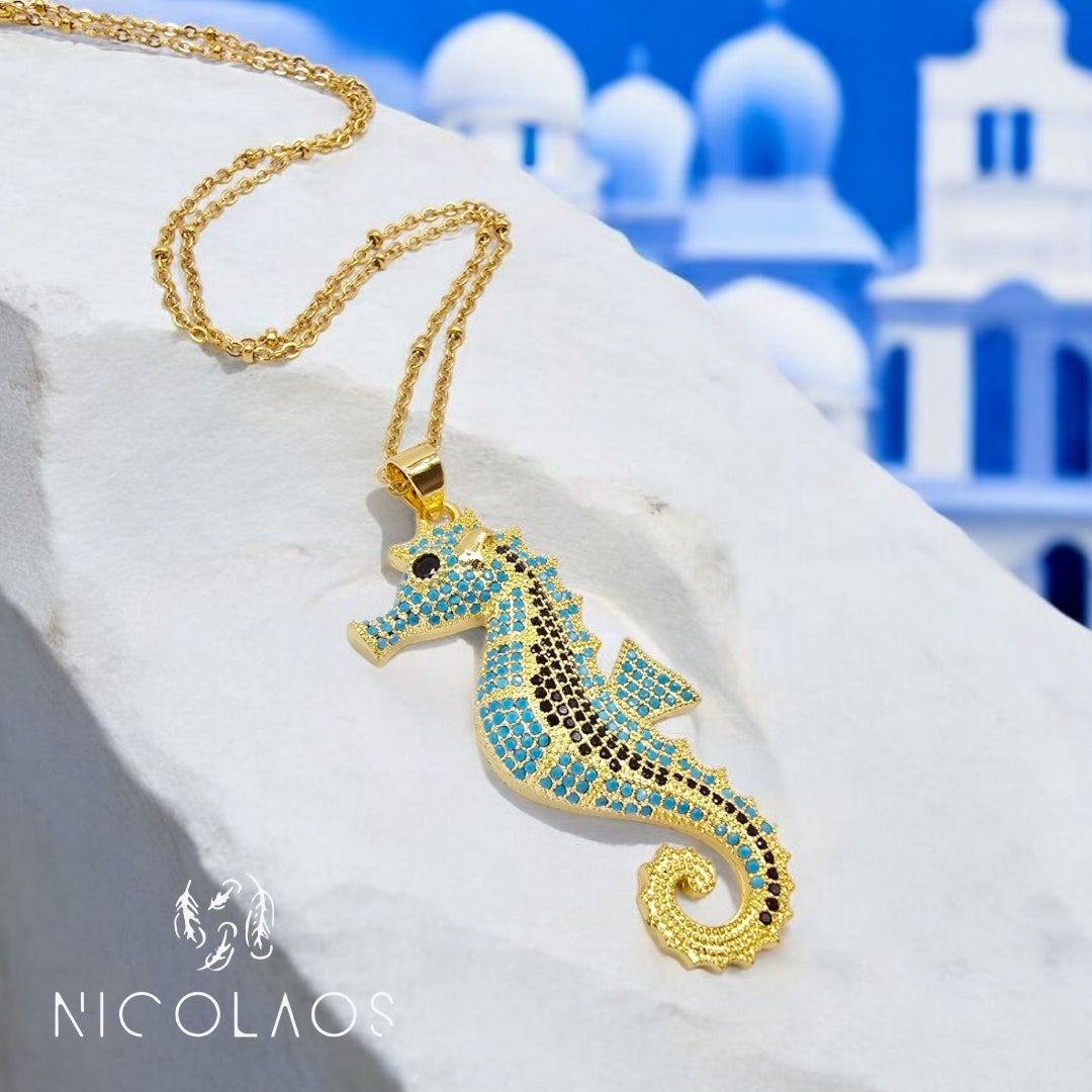 Μακρύ κολιέ 'Hydrippos' απο ανοξείδωτο ατσάλι με πέτρες micro turquoise και μαύρα ζιργκόν