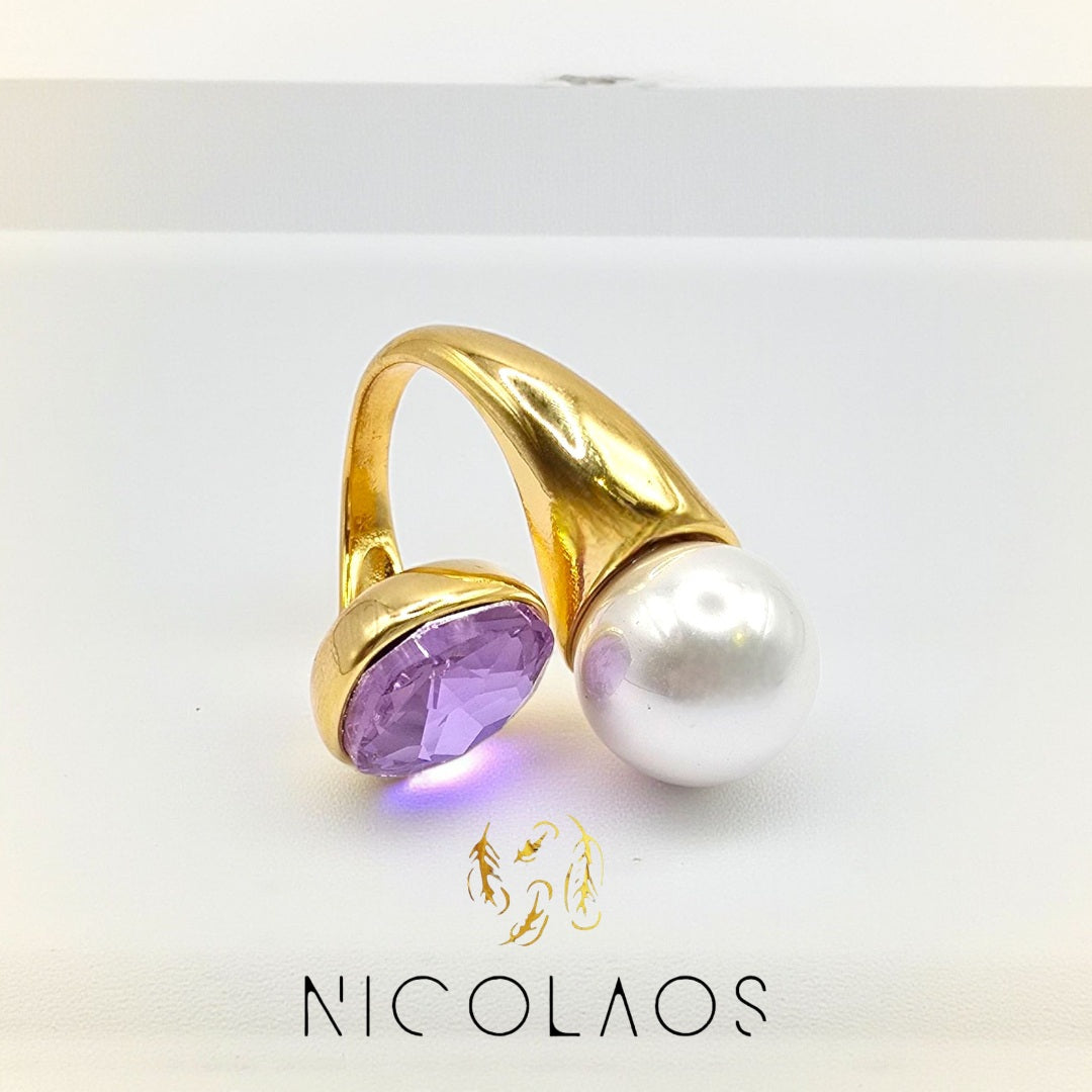 Δαχτυλίδι 'Gran Lilac' απο ανοξείδωτο ατσάλι με μεγάλο ζιργκόν και πέρλα