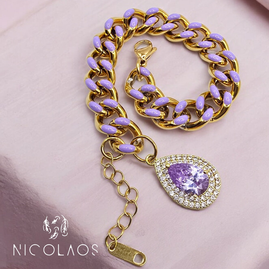 LIMITED βραχιόλι 'Violet drop' απο ανοξείδωτο ατσάλι με βαφή σμάλτου και μεγάλο λιλά ζιργκόν