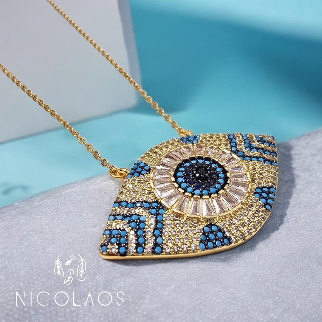 Κολιέ 'Gran Eye summer' από ανοξείδωτο ατσάλι με λευκά και micro turquoise ζιργκόν
