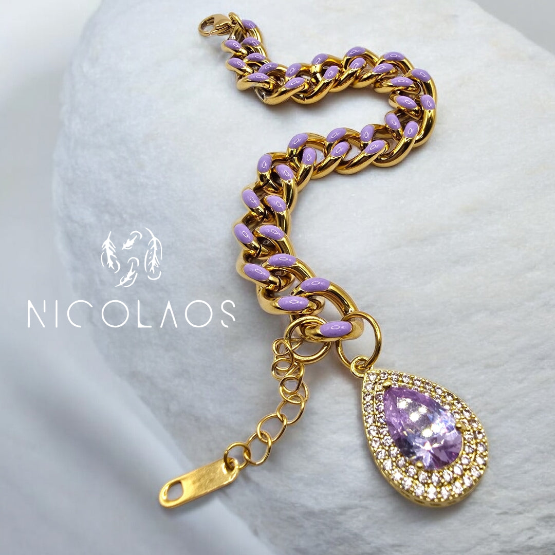 LIMITED βραχιόλι 'Violet drop' απο ανοξείδωτο ατσάλι με βαφή σμάλτου και μεγάλο λιλά ζιργκόν