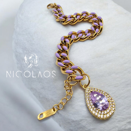 LIMITED βραχιόλι 'Violet drop' απο ανοξείδωτο ατσάλι με βαφή σμάλτου και μεγάλο λιλά ζιργκόν