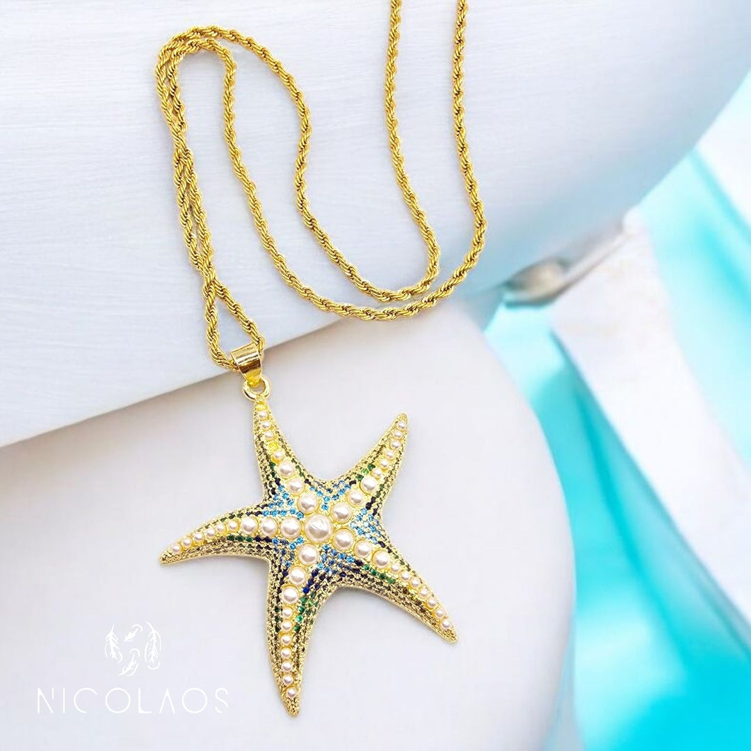LIMITED κολιέ 'Aqua star' απο ανοξείδωτο ατσάλι με γαλάζια, μπλέ, πράσινα ζιργκόν και λευκές πέρλες