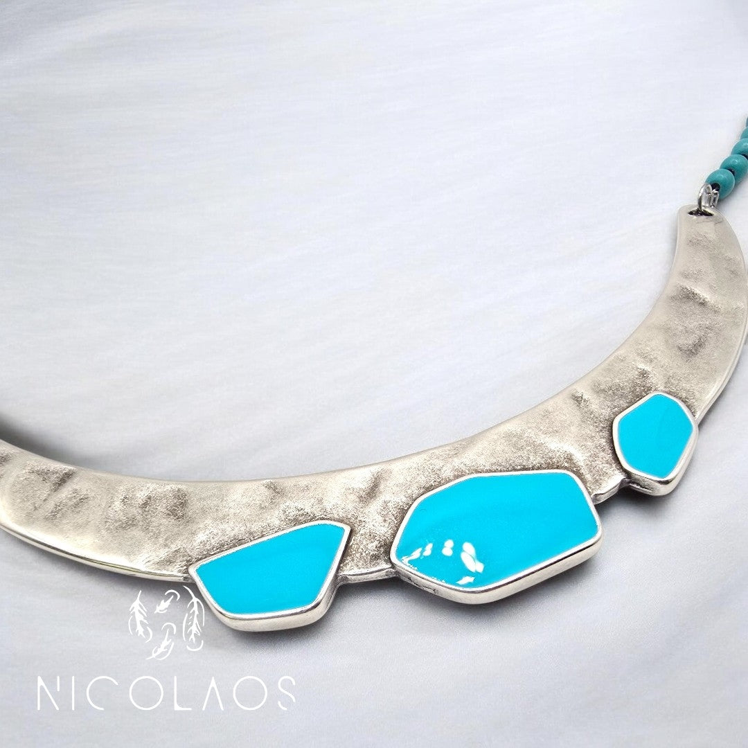 LIMITED χειροποίητο κολιέ 'Alcionis Silver με λίθους τυρκουαζ Χαολίτη