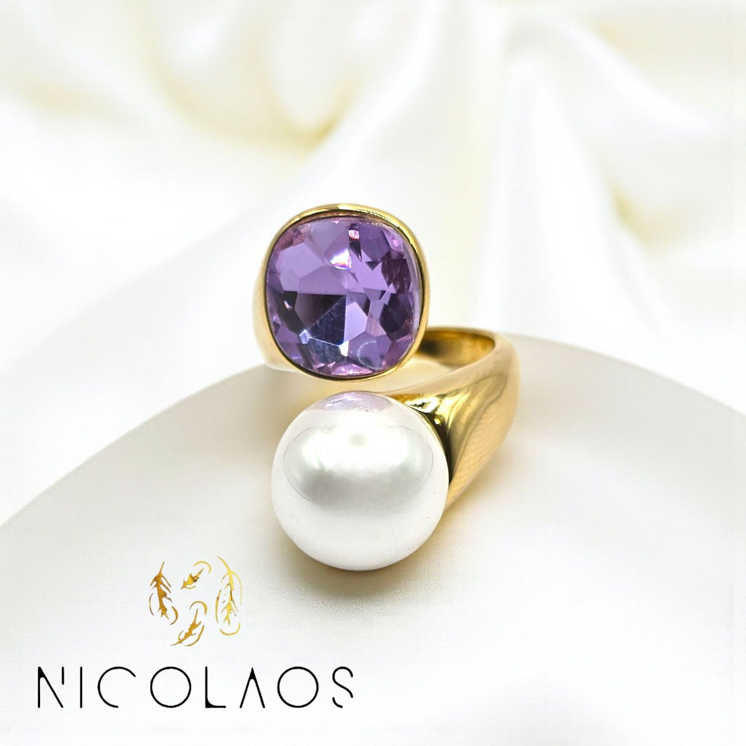 Δαχτυλίδι 'Gran Lilac' απο ανοξείδωτο ατσάλι με μεγάλο ζιργκόν και πέρλα